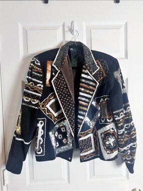 Black Sequin & Embellished Bomber Jacket with Metallic Accents